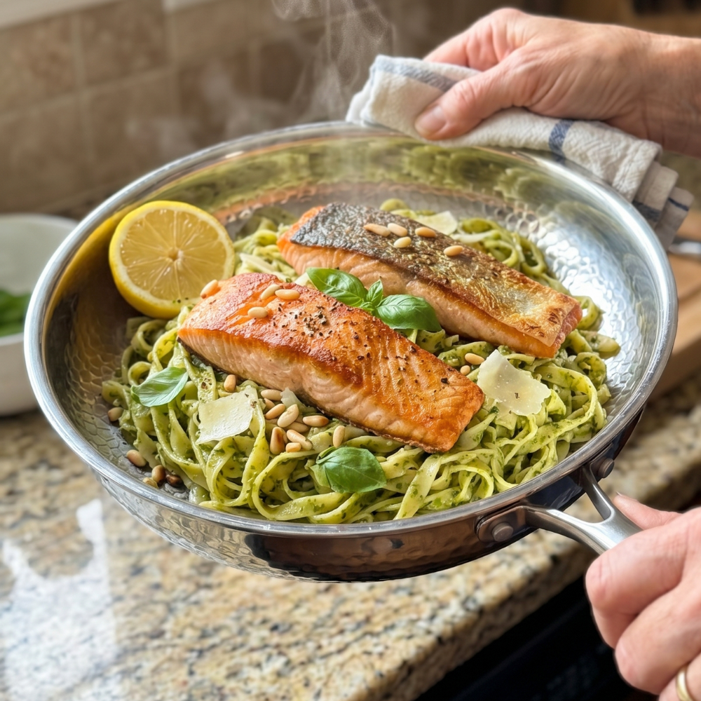 Cuisson de pâtes au pesto et saumon dans la poêle Titanox