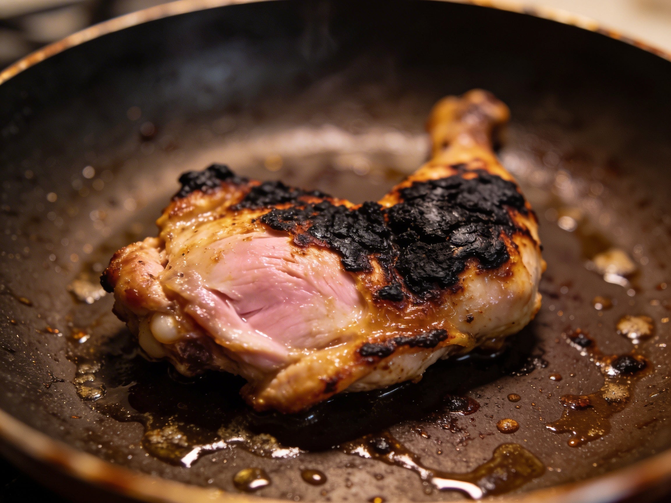Poulet brûlé d'un côté à cause d'une cuisson inégale
